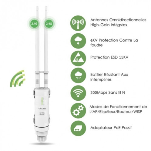WAVLINK WN570HN2 avec routeur extérieur 300 Mbps alimenté par PoE WAN/AP/mode répéteur, prise : prise britannique SW7102153-09